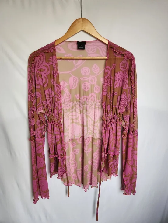 Ana Sui Pink And Tan Ruffled Mesh Open Top With Drawstring Size Small - Picture 4 of 8